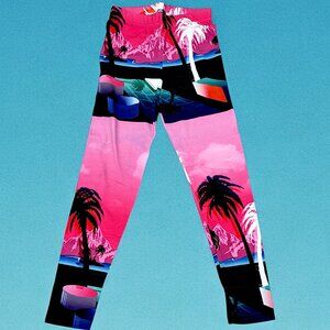 Pepco Full length Soft Cotton leggings Skinny Fit stretchy Pink Palm Trees NWOT